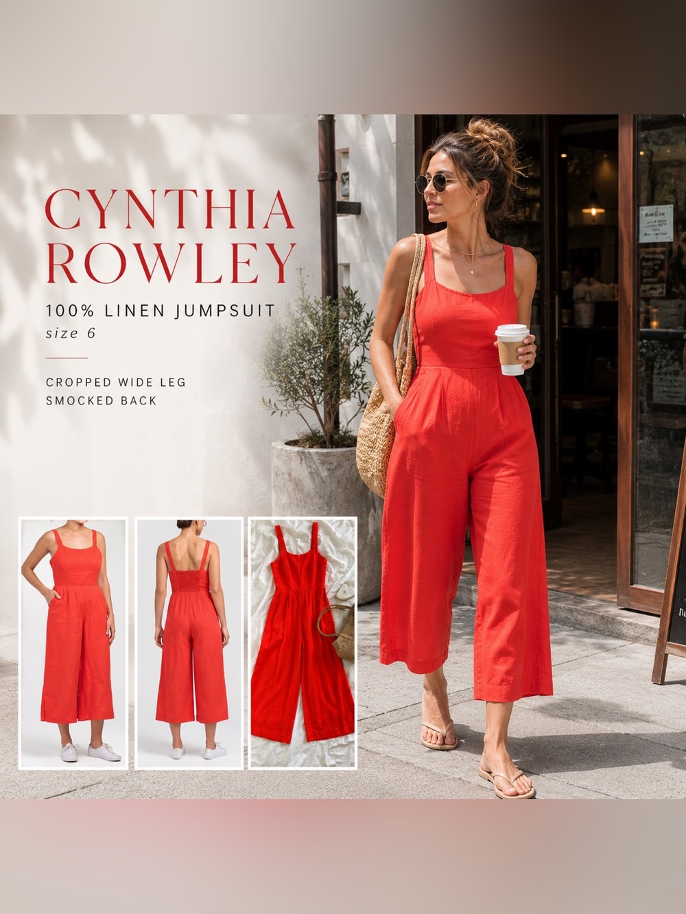 Cynthia Rowley Red 100% Linen Wide-Leg Jumpsuit, size 2
